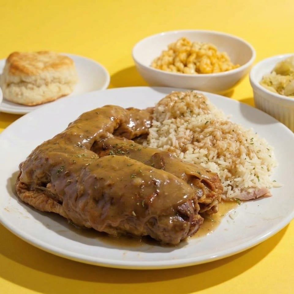 Southern-style turkey wings and rice with gravy, mac and cheese, and a biscuit on a yellow background.