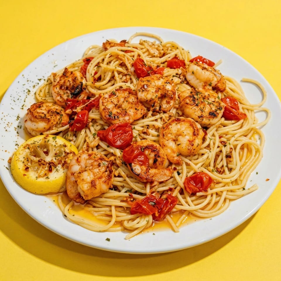 A’leurer LLC's Southern shrimp scampi with spaghetti, cherry tomatoes, and a lemon slice.