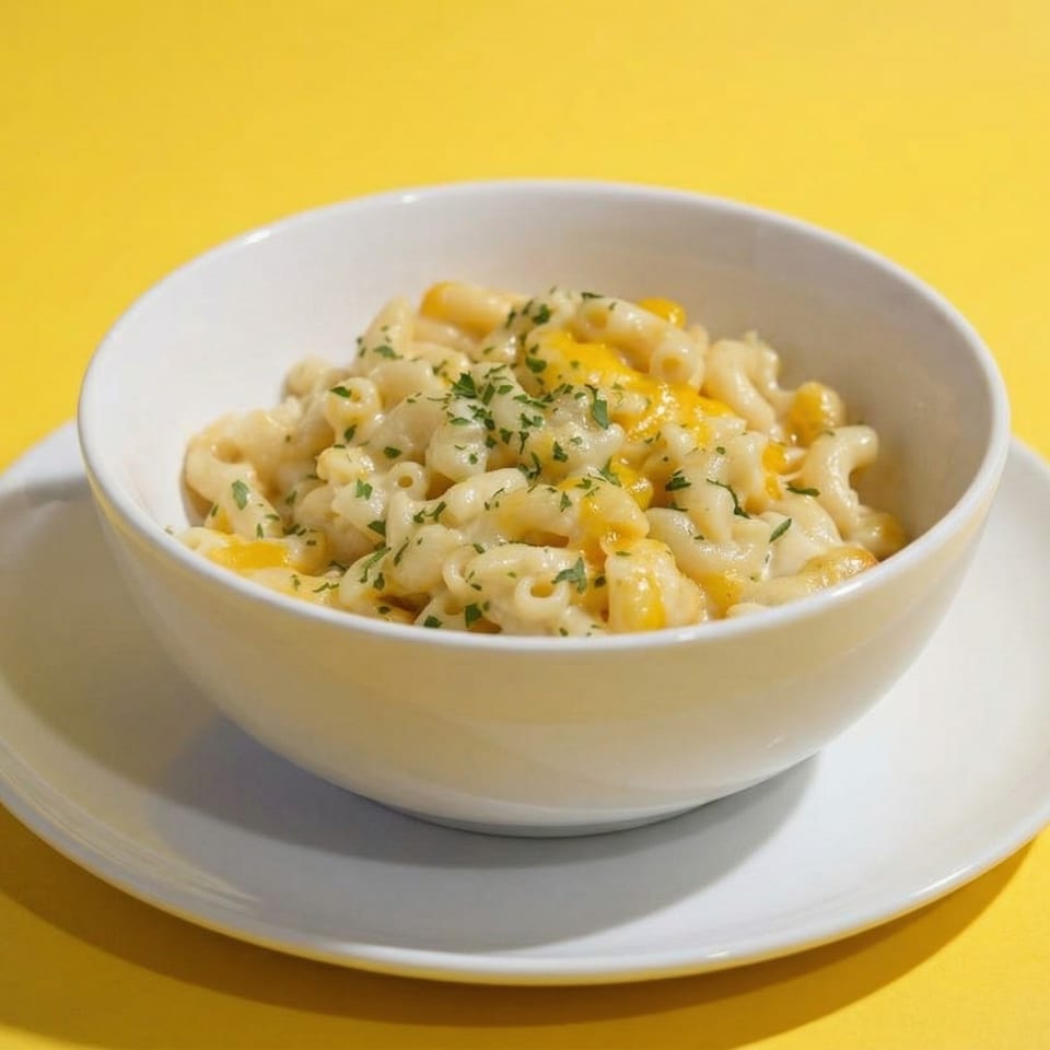 A white bowl of creamy Southern mac and cheese with melted cheddar and parsley on a yellow background.