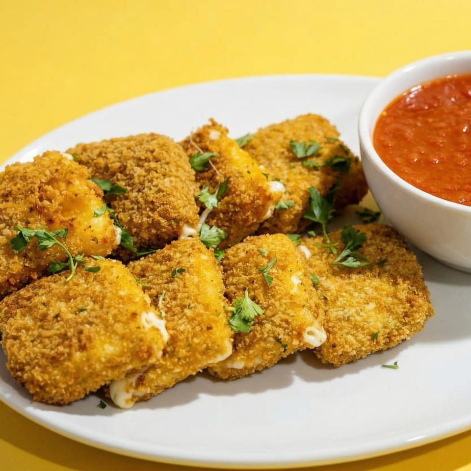 Golden-brown fried mozzarella sticks with melted cheese, garnished with parsley, served with marinara sauce.