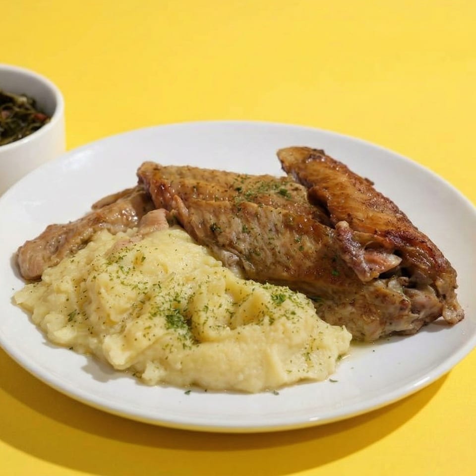 Southern-style turkey wings with mashed potatoes and a side of collard greens on a yellow background.