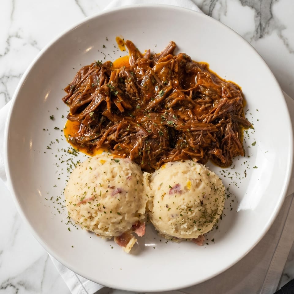 Shredded beef in a rich sauce with two scoops of mashed potatoes, garnished with herbs.