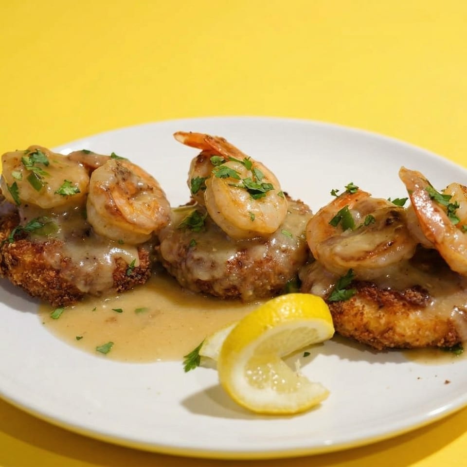 Three southern-style shrimp and grits cakes with gravy and a lemon wedge on a white plate.