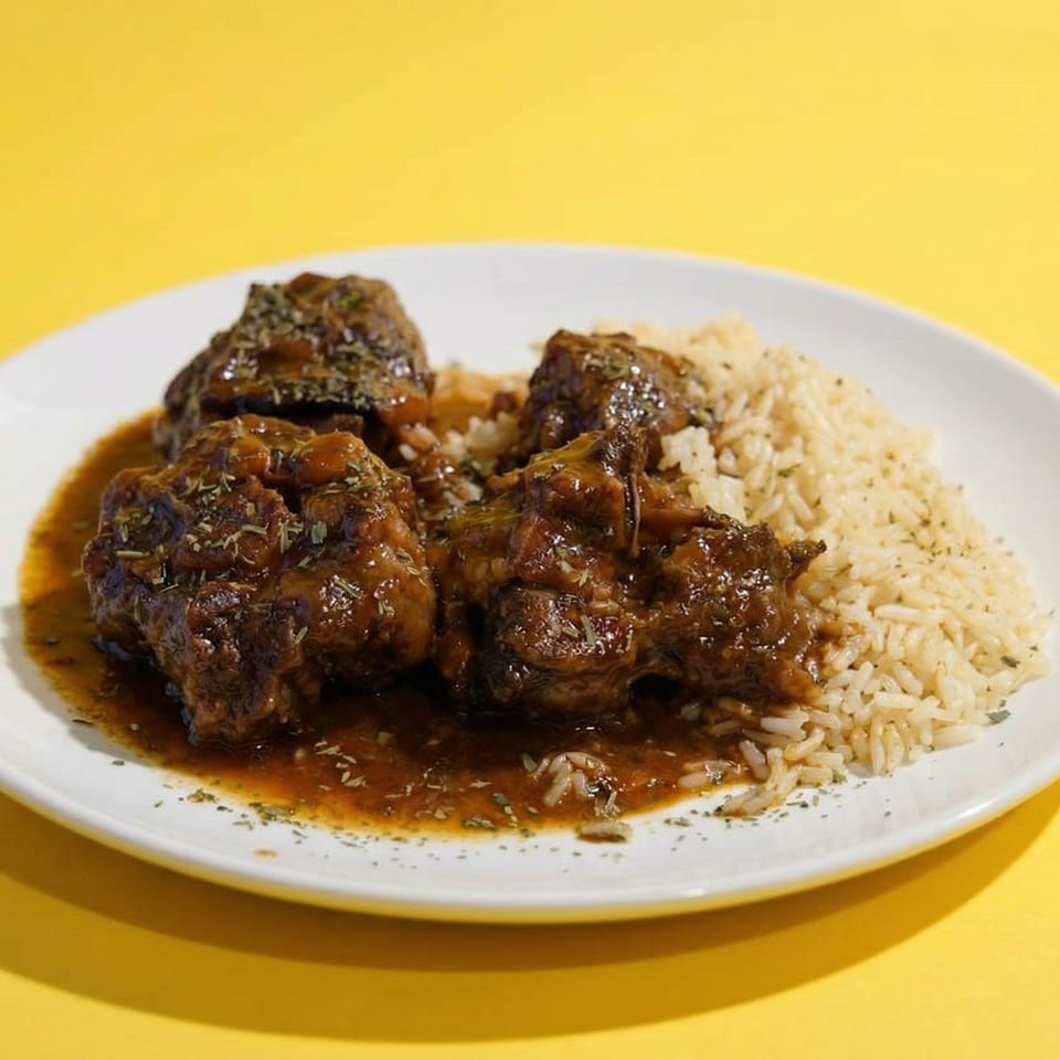 A white plate holds southern oxtail stew in gravy with rice, garnished with herbs on a yellow background.