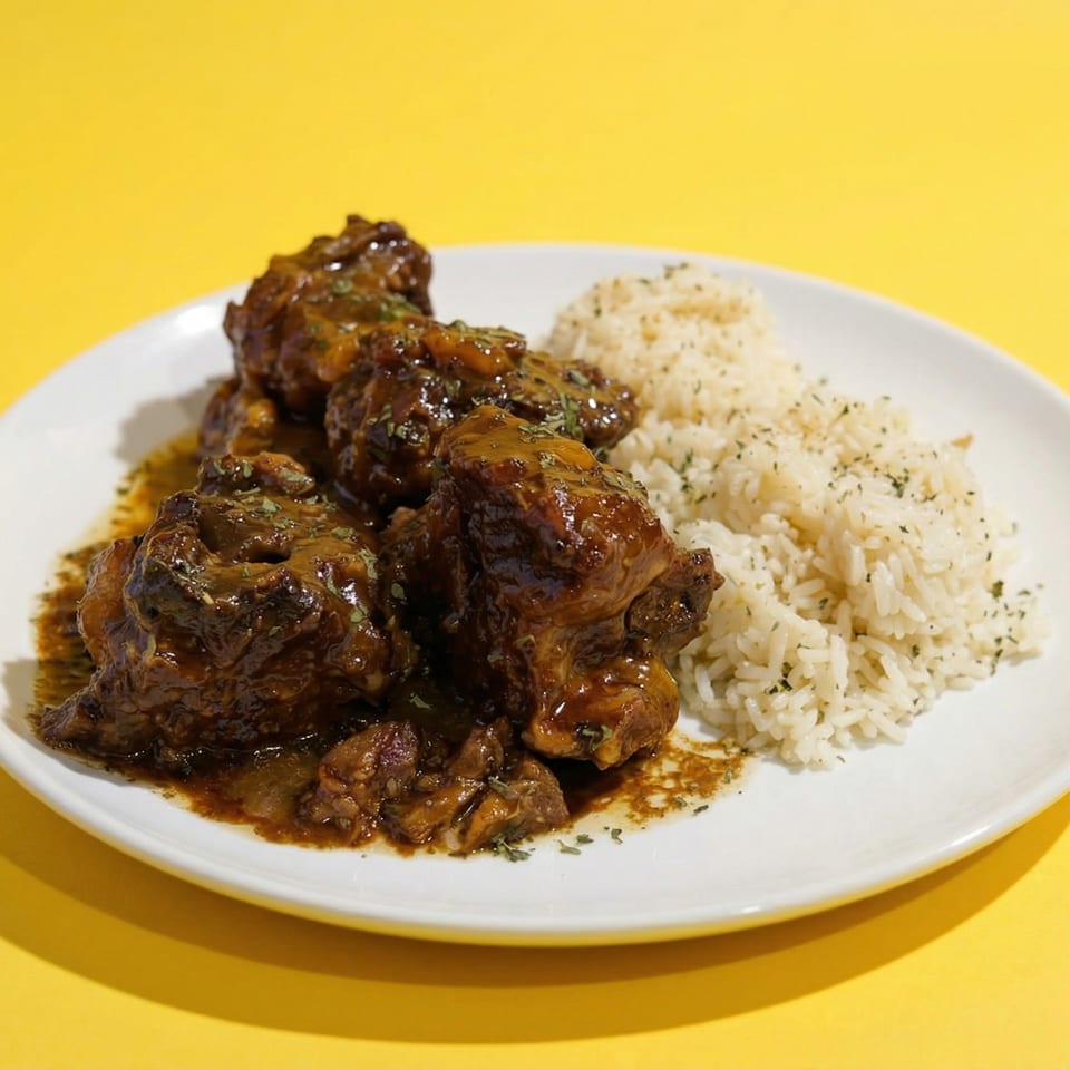 A plate of southern-style oxtails in gravy with a side of white rice, garnished with herbs.