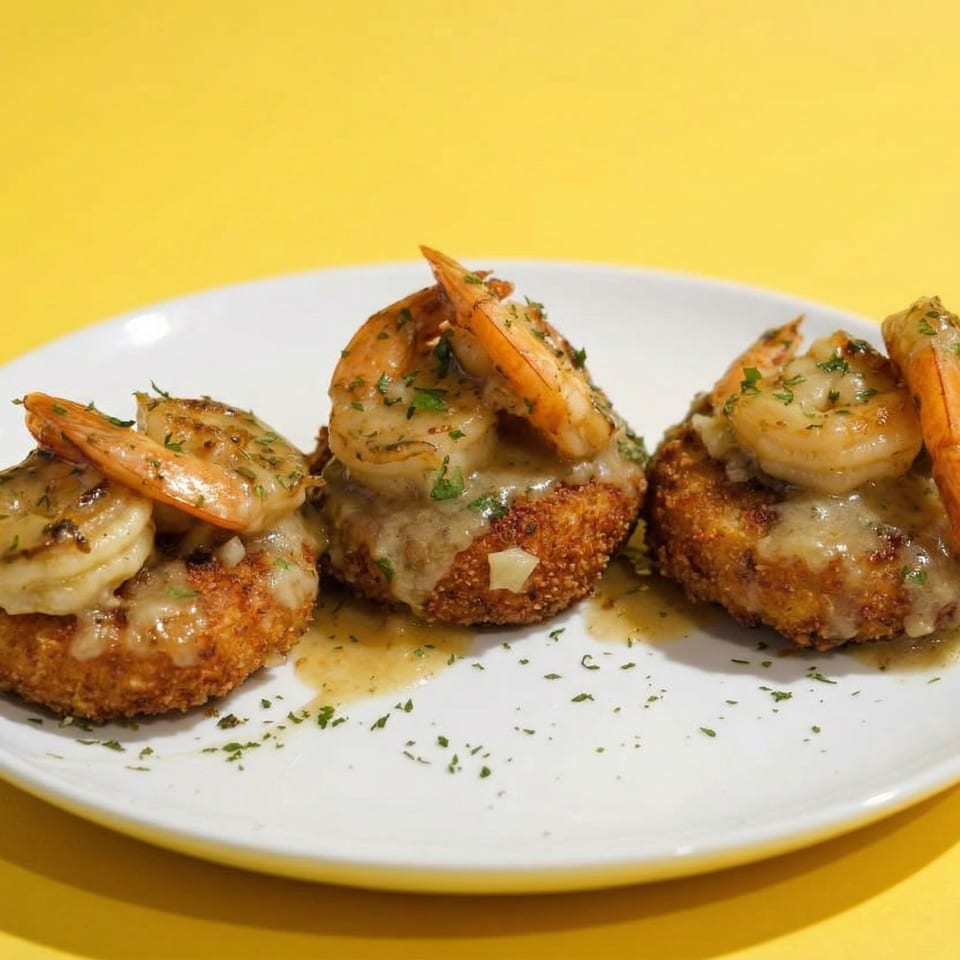Three fried grit cakes topped with shrimp, melted cheese, and herbs on a white plate.
