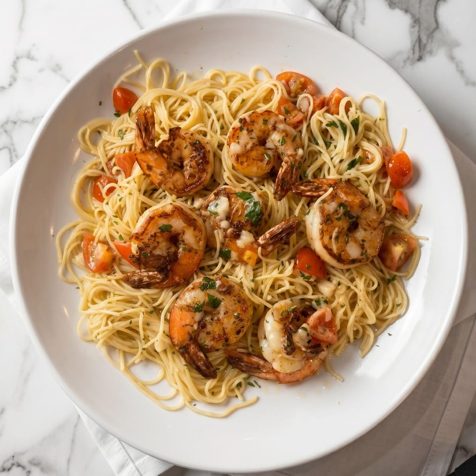 Shrimp scampi with spaghetti, cherry tomatoes, and parsley in a white bowl on marble.