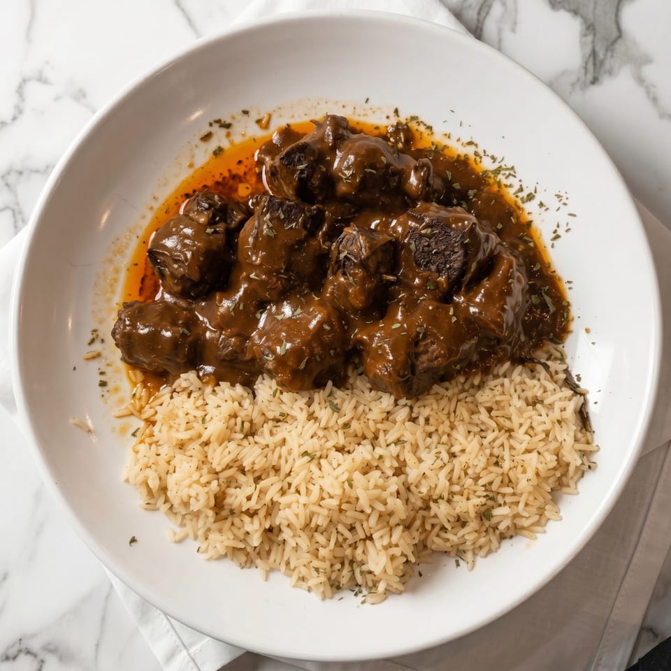 A white bowl filled with oxtail stew and a side of rice, garnished with herbs.