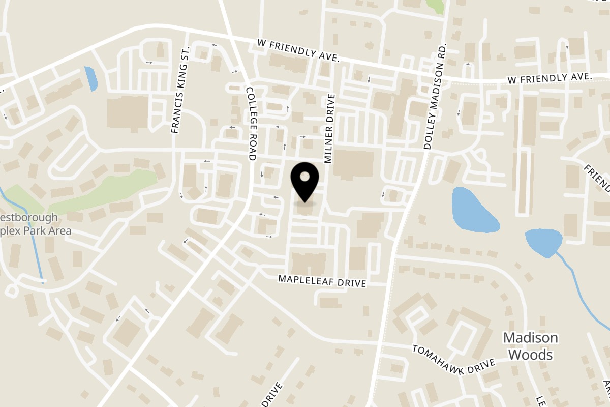 Map showing the location of A’leurer LLC on 601 Milner Dr in Greensboro